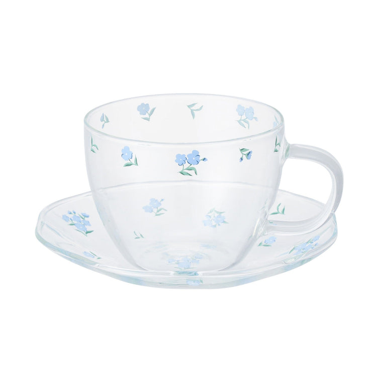 Flower Glass Cup & Saucer Blue