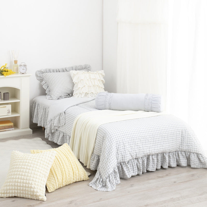 Fuwaro Cooling Quilt Frill Check Double White X Grey