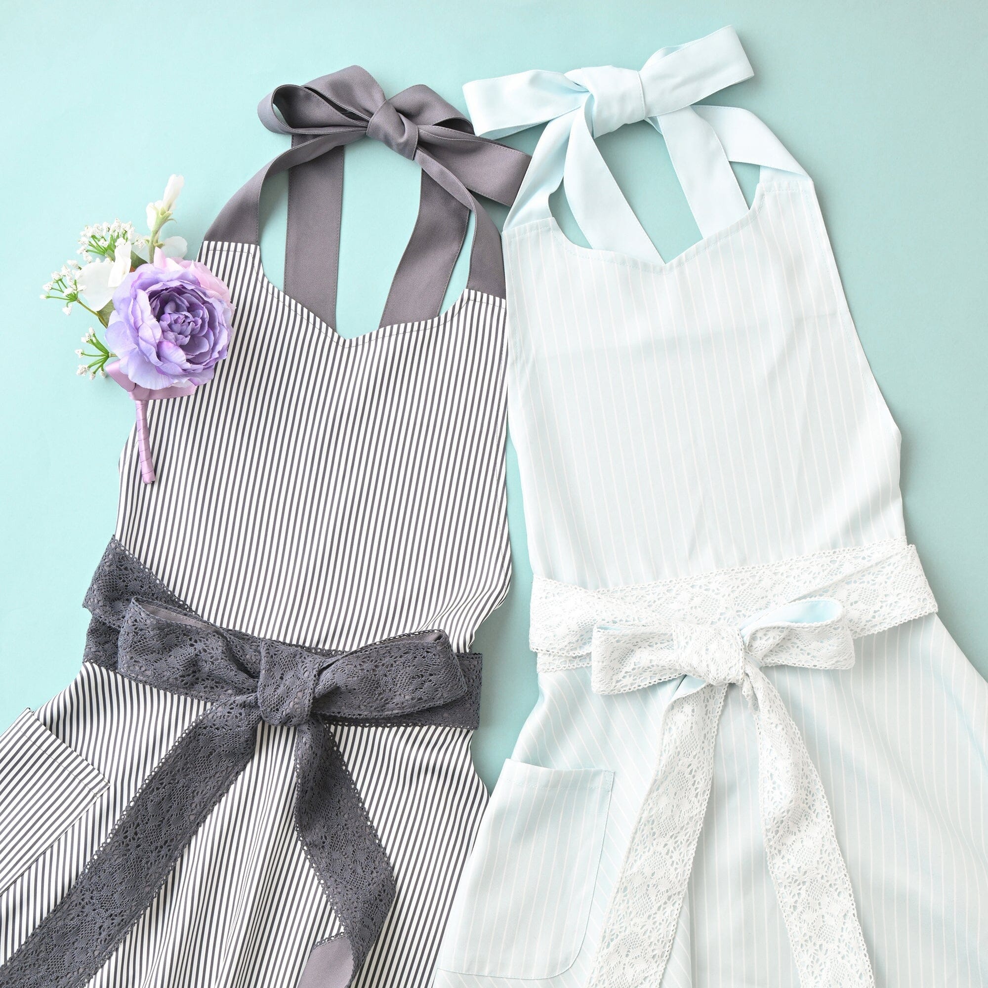 Lace Ribbon Full Apron Blue
