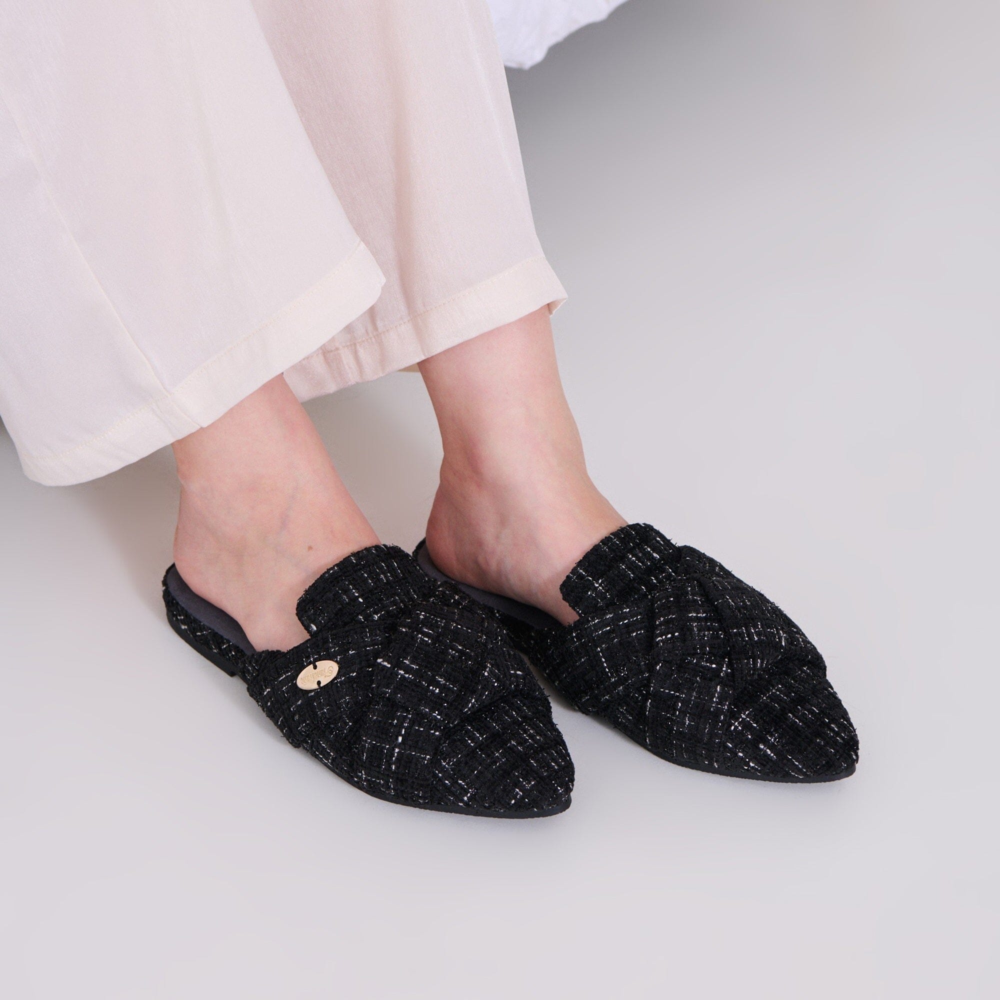 Cross Tweed Room Shoes Black