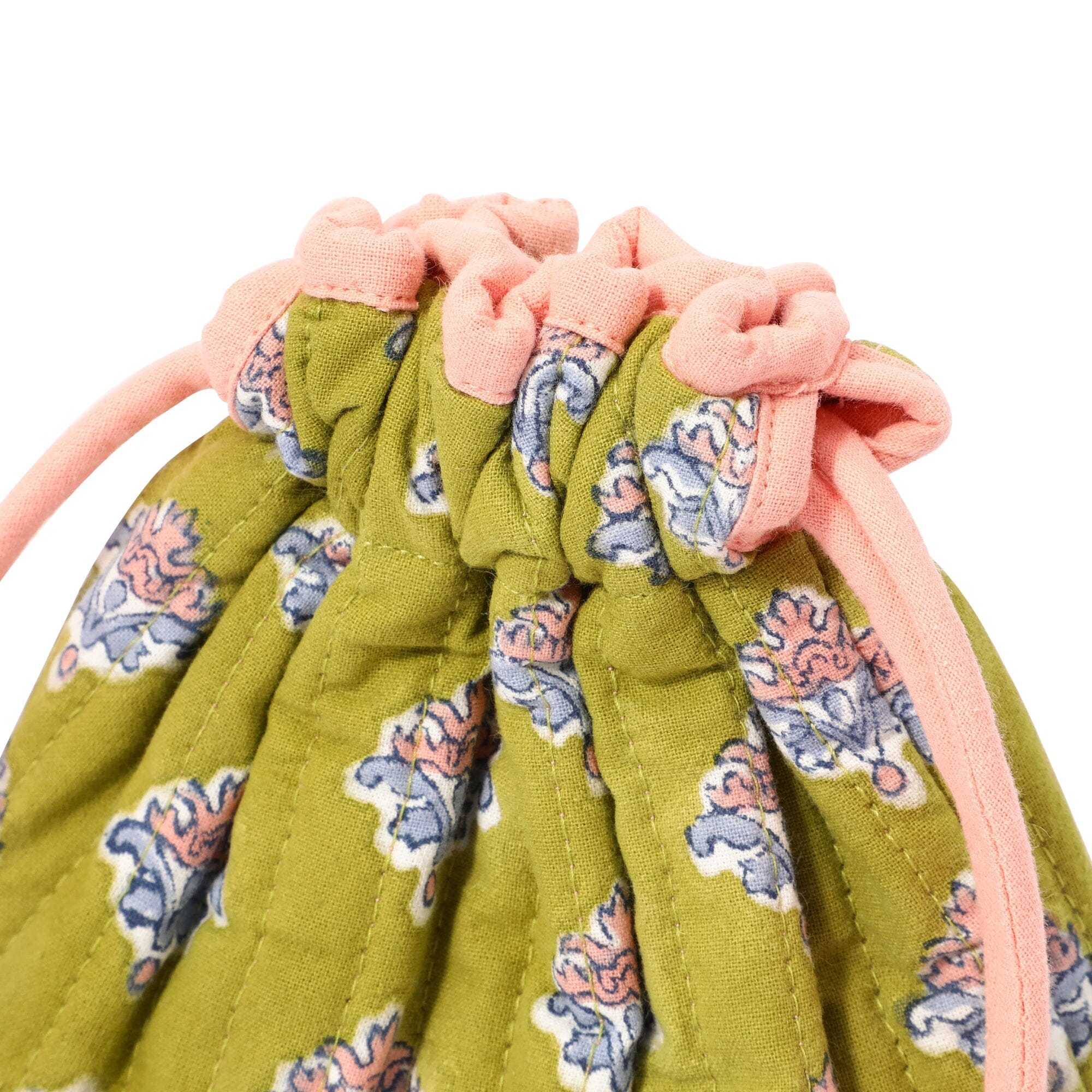 Block Print Drawstring Pouch Flower Green