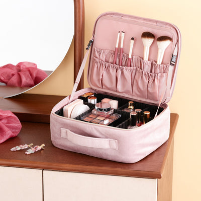 Velour Ribbon Makeup Bag Pink