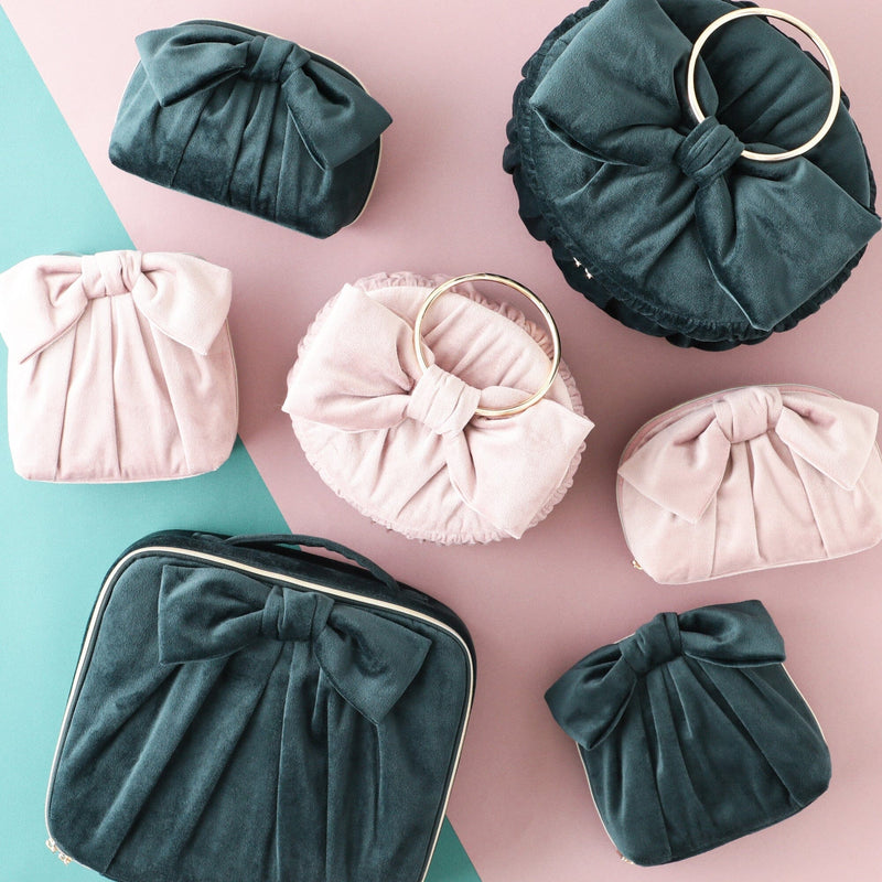 Velour Ribbon Makeup Bag Green