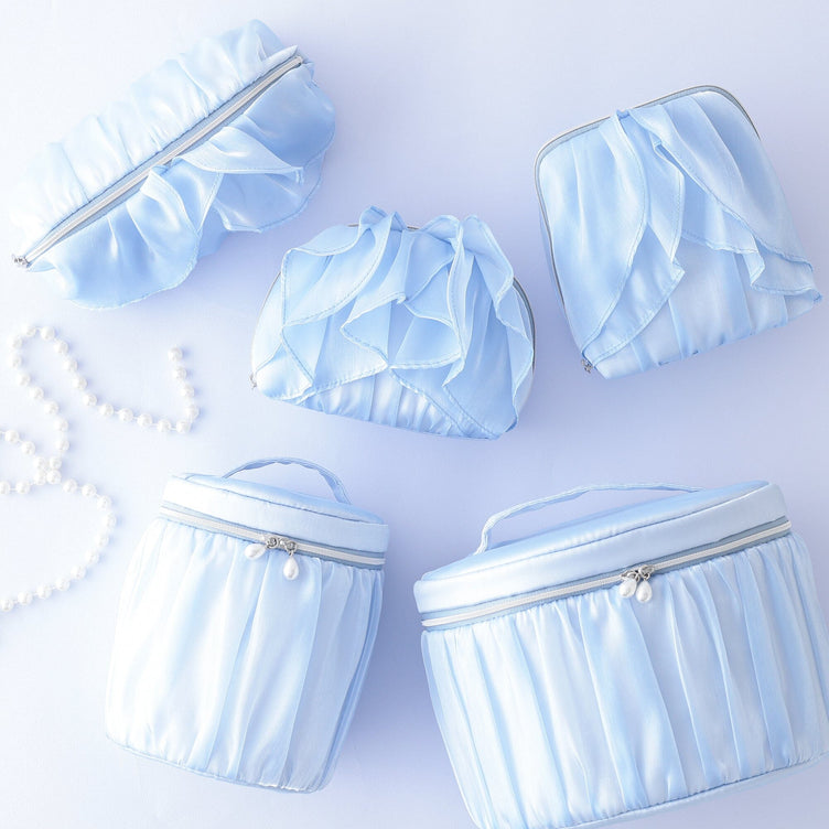 Organdy Flower Vanity Pouch Small Light Blue