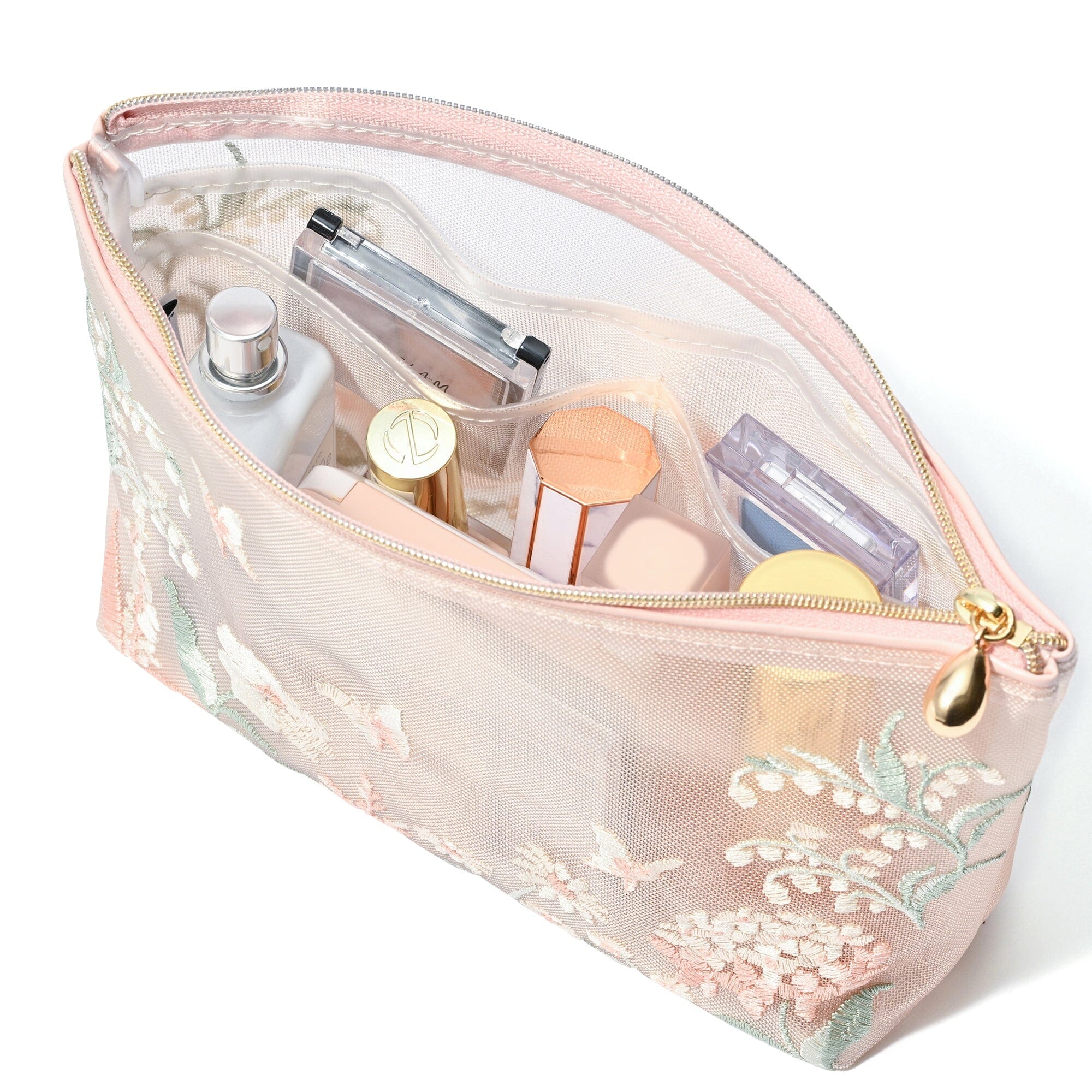 Mesh Embroidery Pouch Large Pink