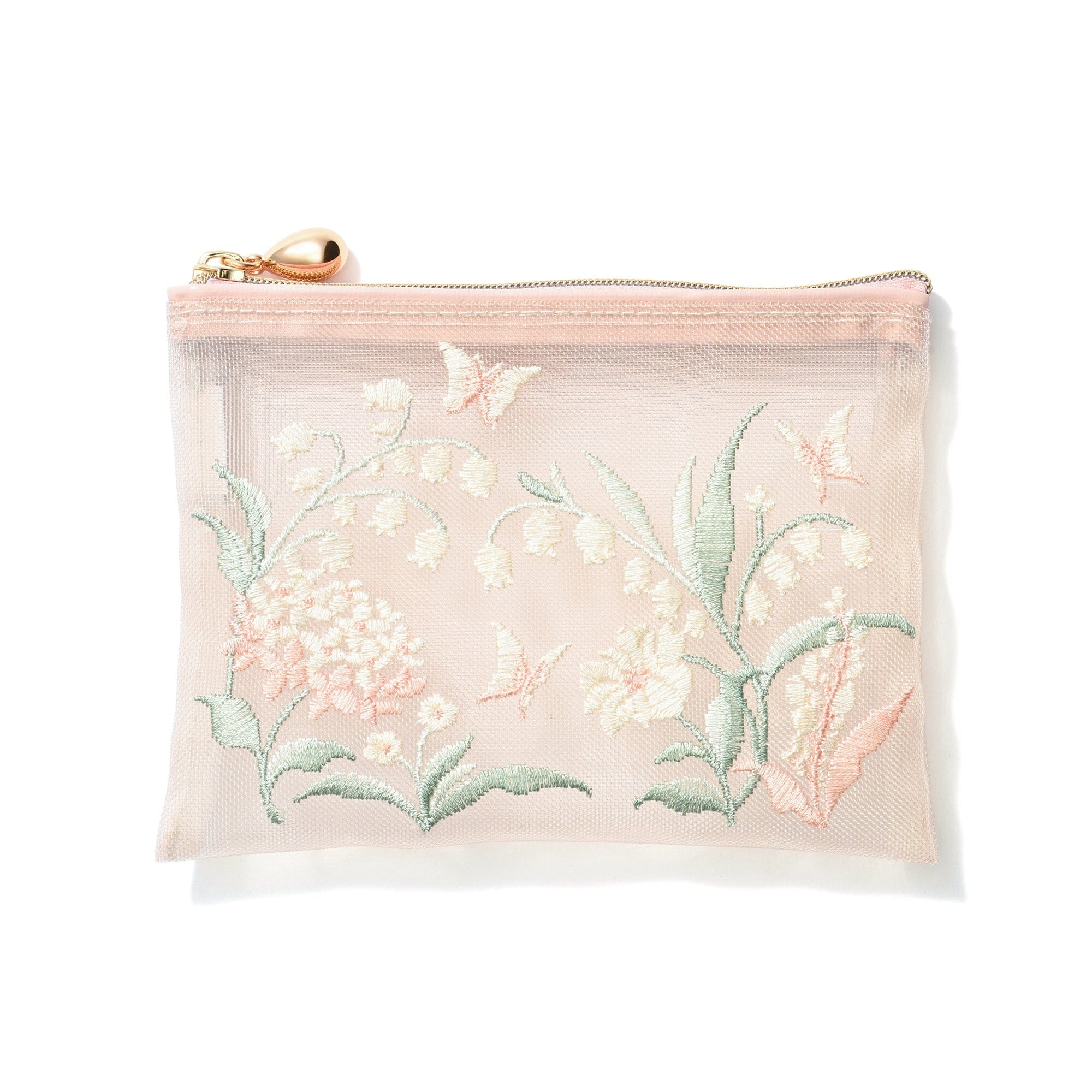 Mesh Embroidery Mini Flat Pouch Pink
