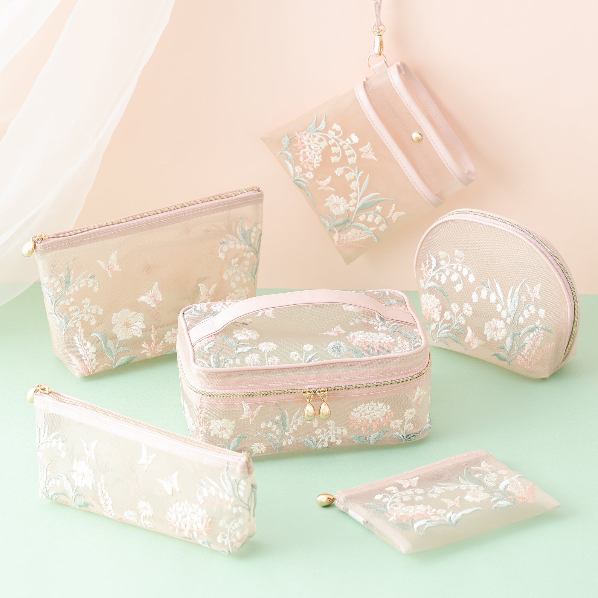 Mesh Embroidery Mini Flat Pouch Pink