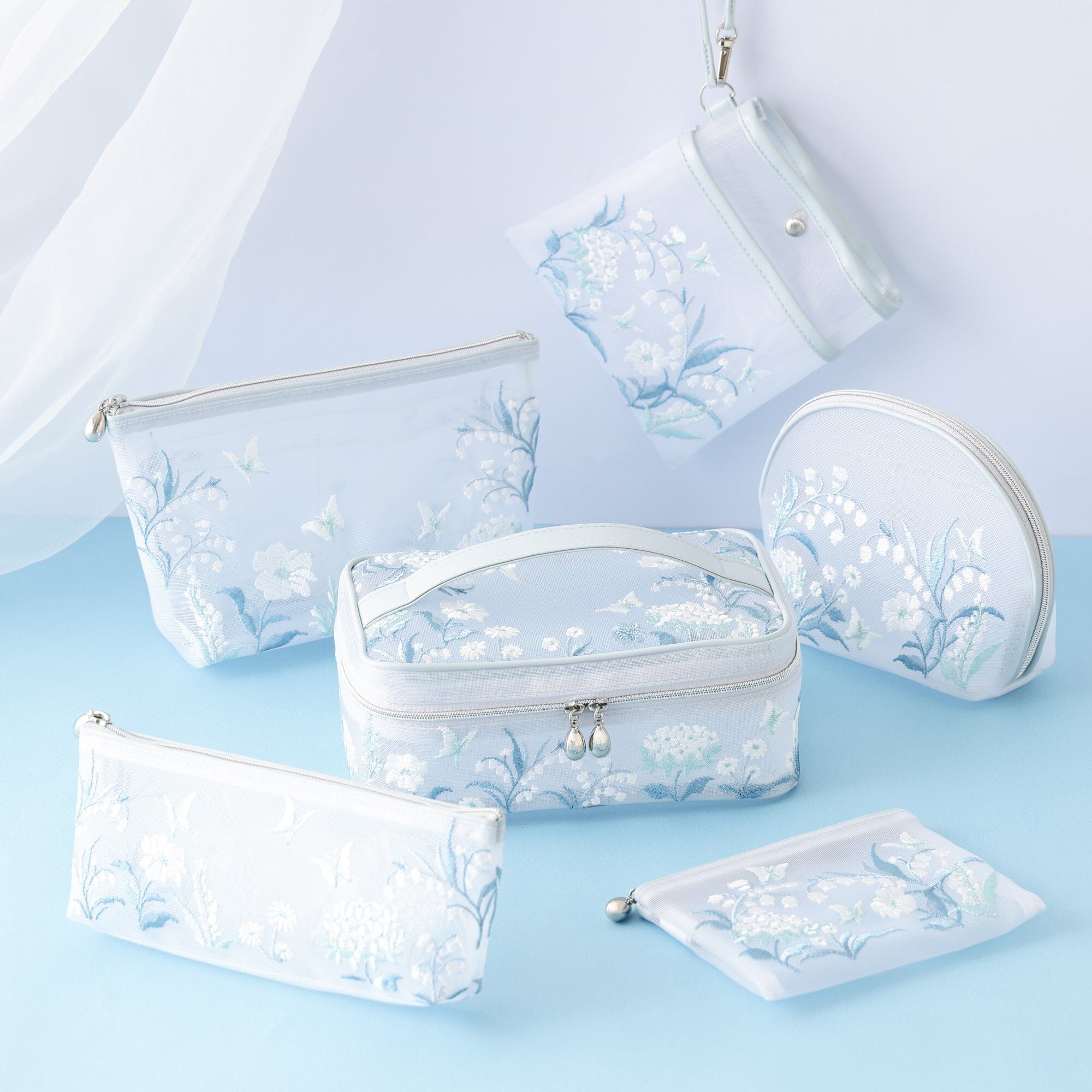 Mesh Embroidery Mini Flat Pouch Light Blue