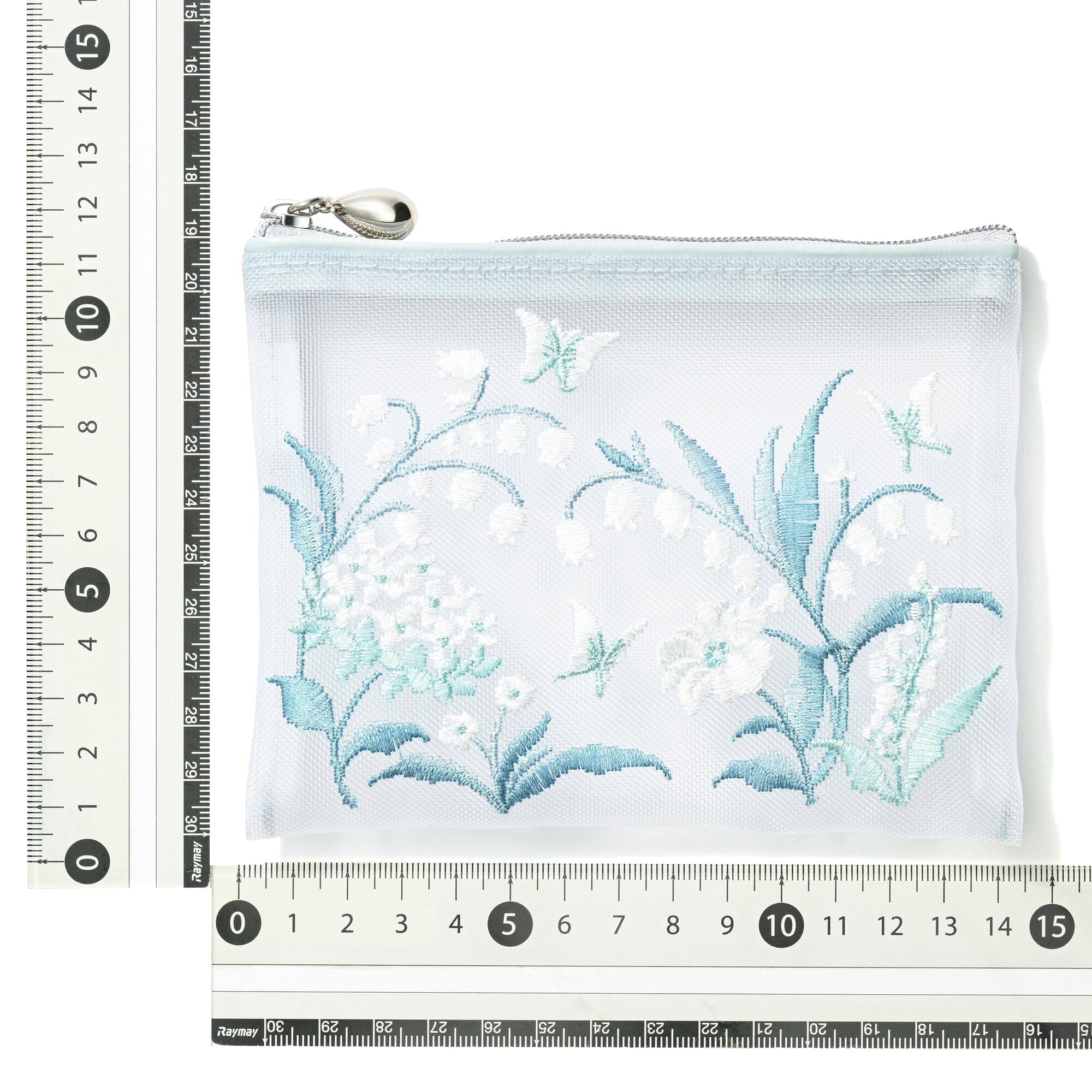 Mesh Embroidery Mini Flat Pouch Light Blue