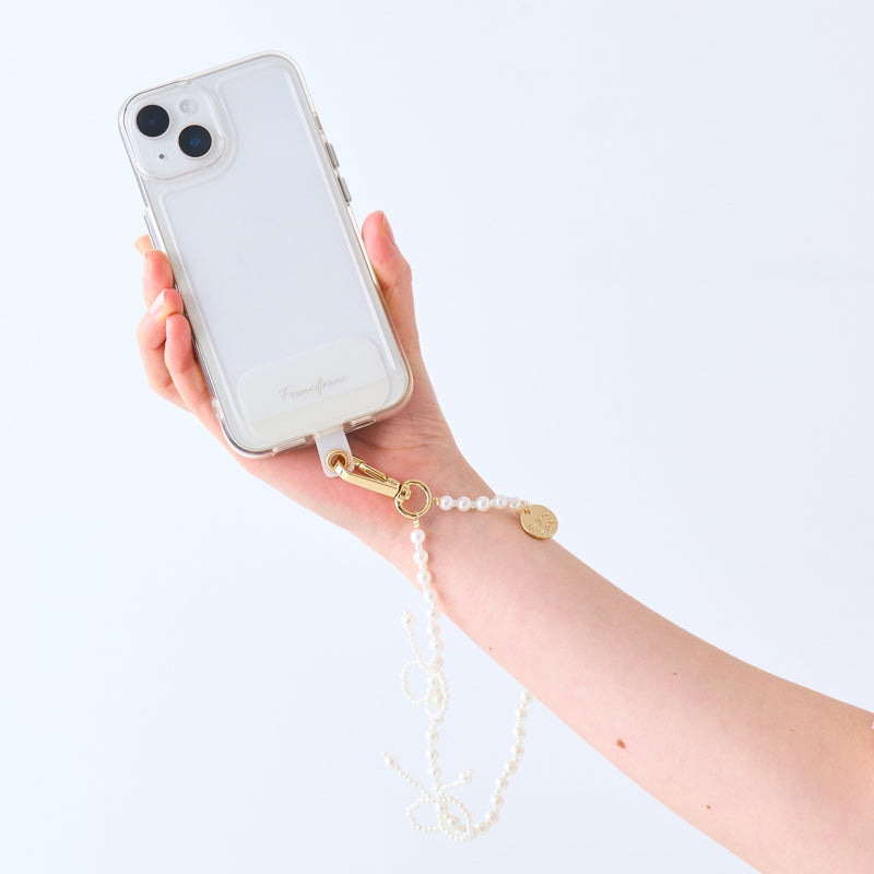 Smartphone hand strap pearl ribbon white