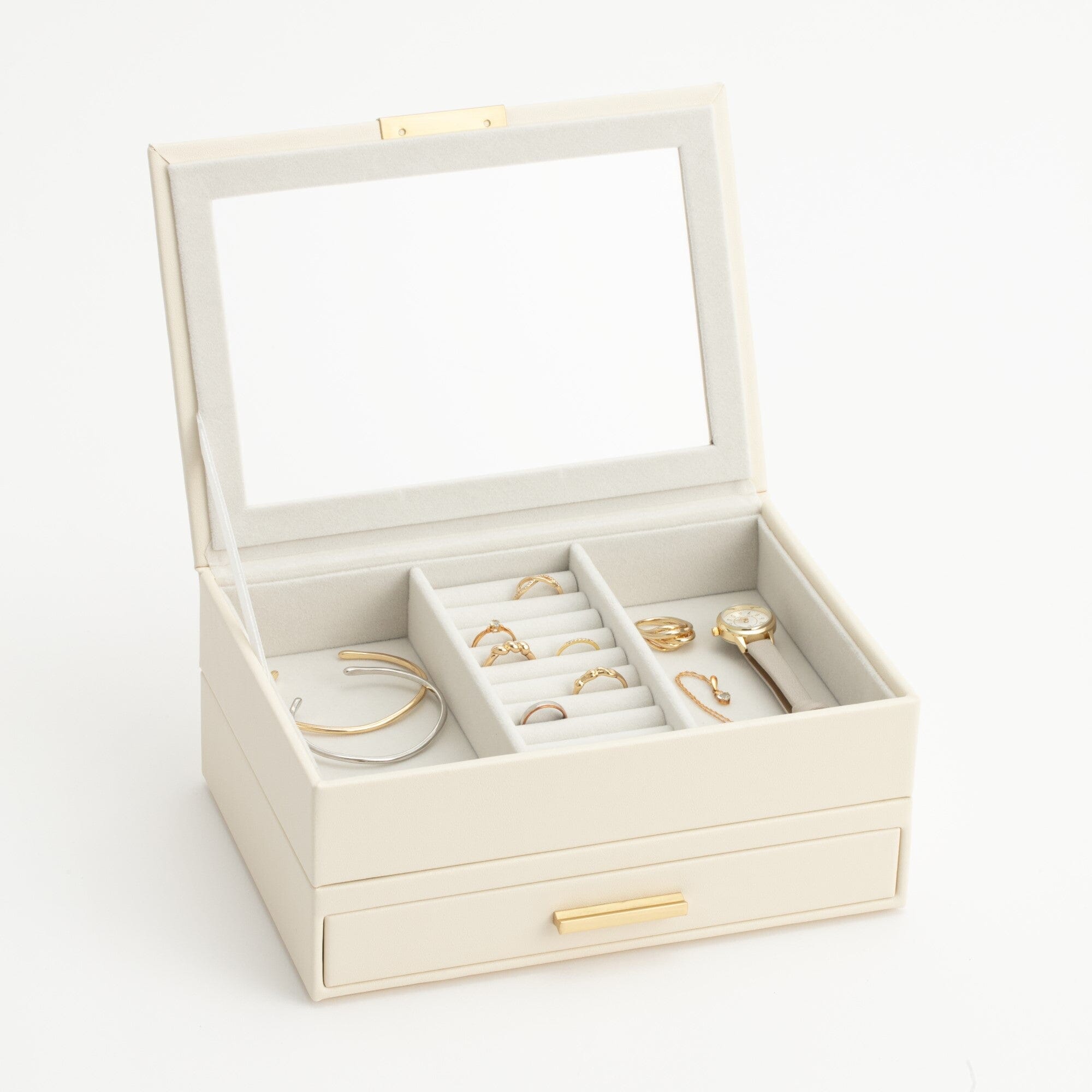 Stacking Jewelry Box with Display Lid Beige