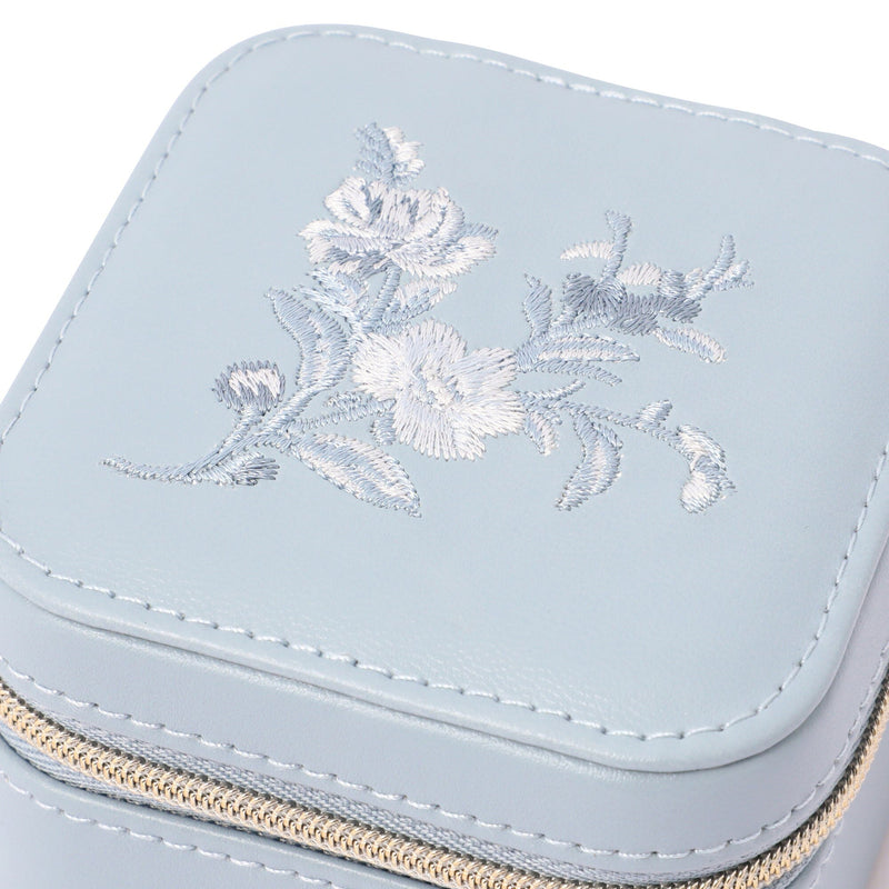 Embroidered Flower Travel Jewelry Box Small Blue