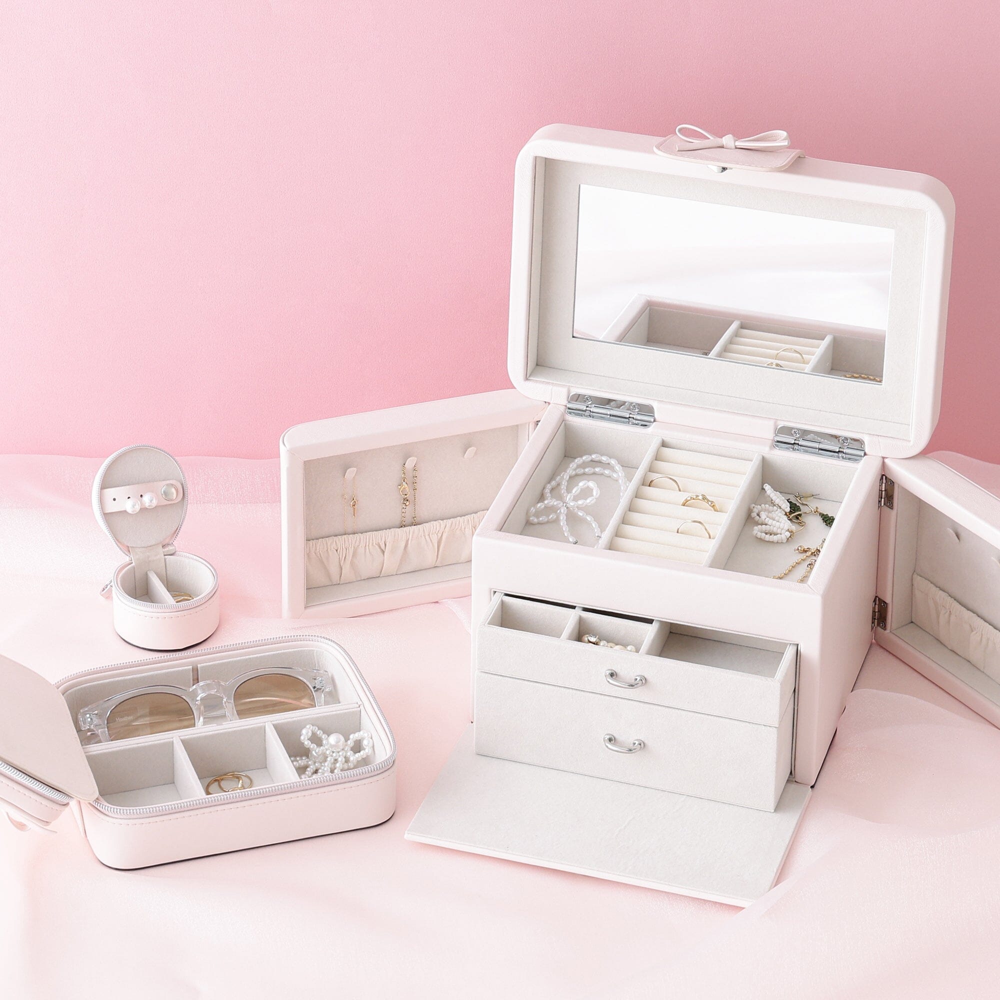 Ribbon Mini Travel Jewelry Box Light Pink