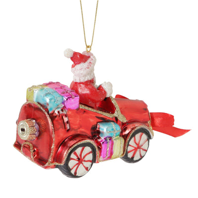 Glass Ornament Santa Car